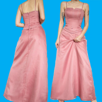 Stunning vintage Hilary Morgan dusky pink a-line evening prom ball gown UK 14
