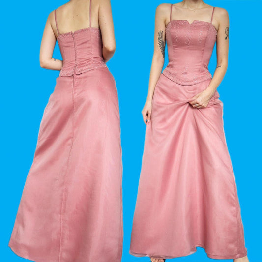 Stunning vintage Hilary Morgan dusky pink a-line evening prom ball gown UK 14