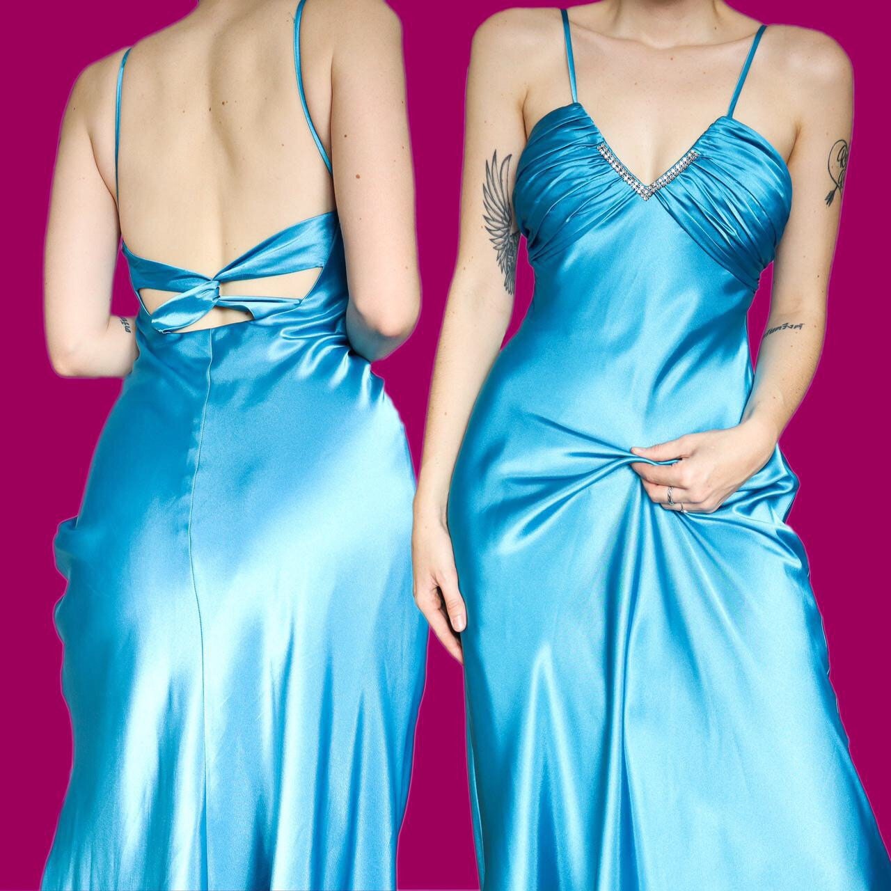 Beautiful silky sapphire diamanté evening dress UK 12