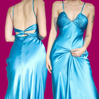 Beautiful silky sapphire diamanté evening dress UK 12