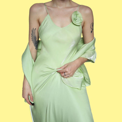 Beautiful vintage green silky evening dress with matching shawl UK 12