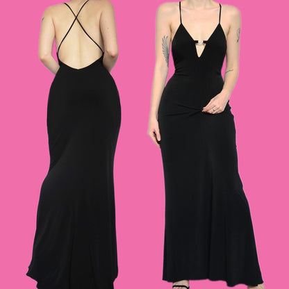 Beautiful vintage John Charles black stretch diamanté evening dress UK 12