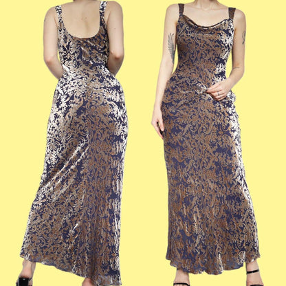 Beautiful silk blend blue/gold velvet evening slip dress UK 10