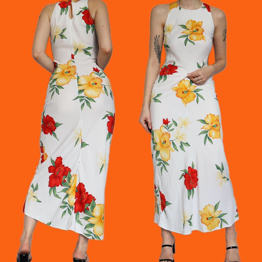 Beautiful 90s vintage white floral maxi dress UK 10