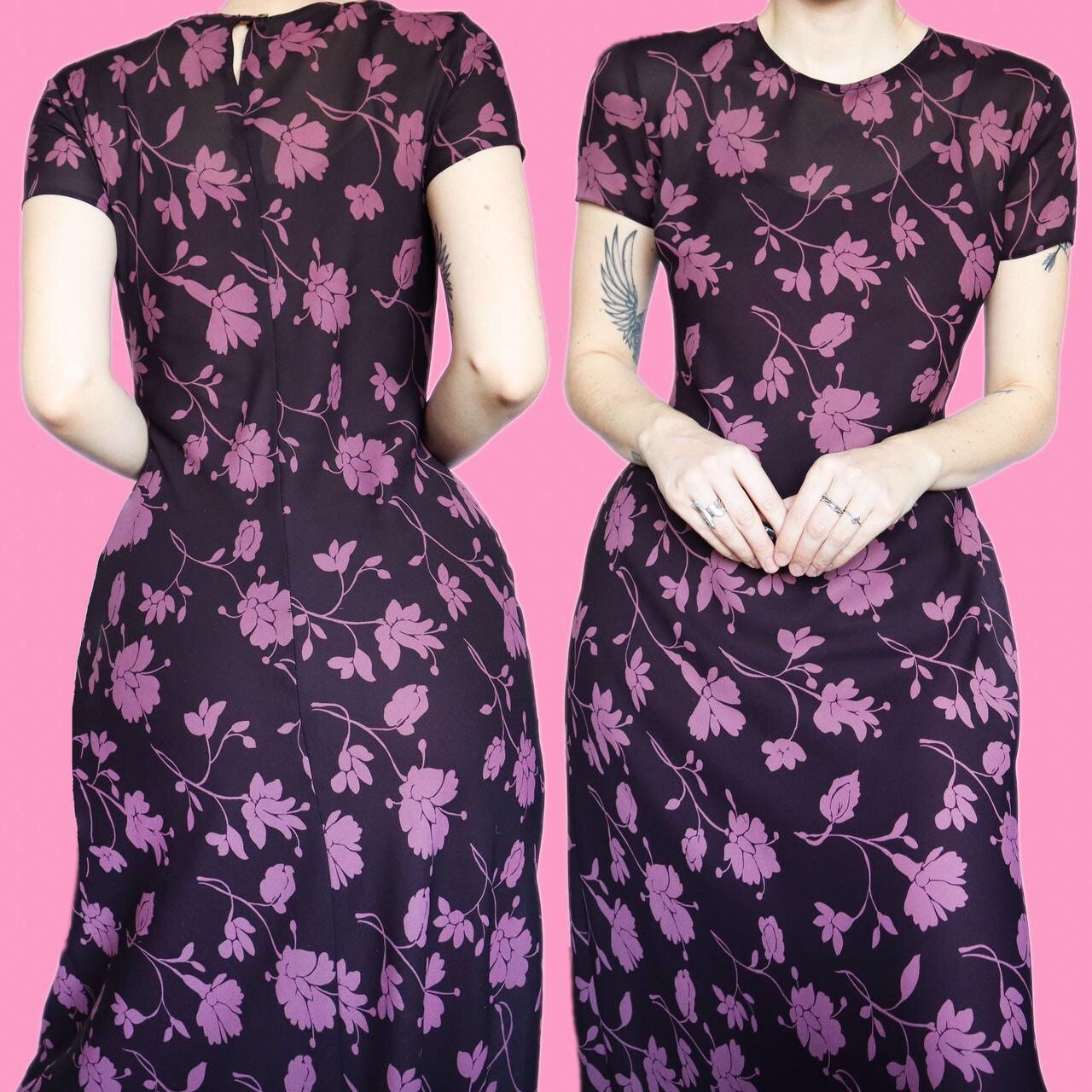 Beautiful vintage 90s purple floral chiffon short sleeve midi dress UK 12