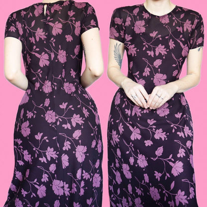 Beautiful vintage 90s purple floral chiffon short sleeve midi dress UK 12