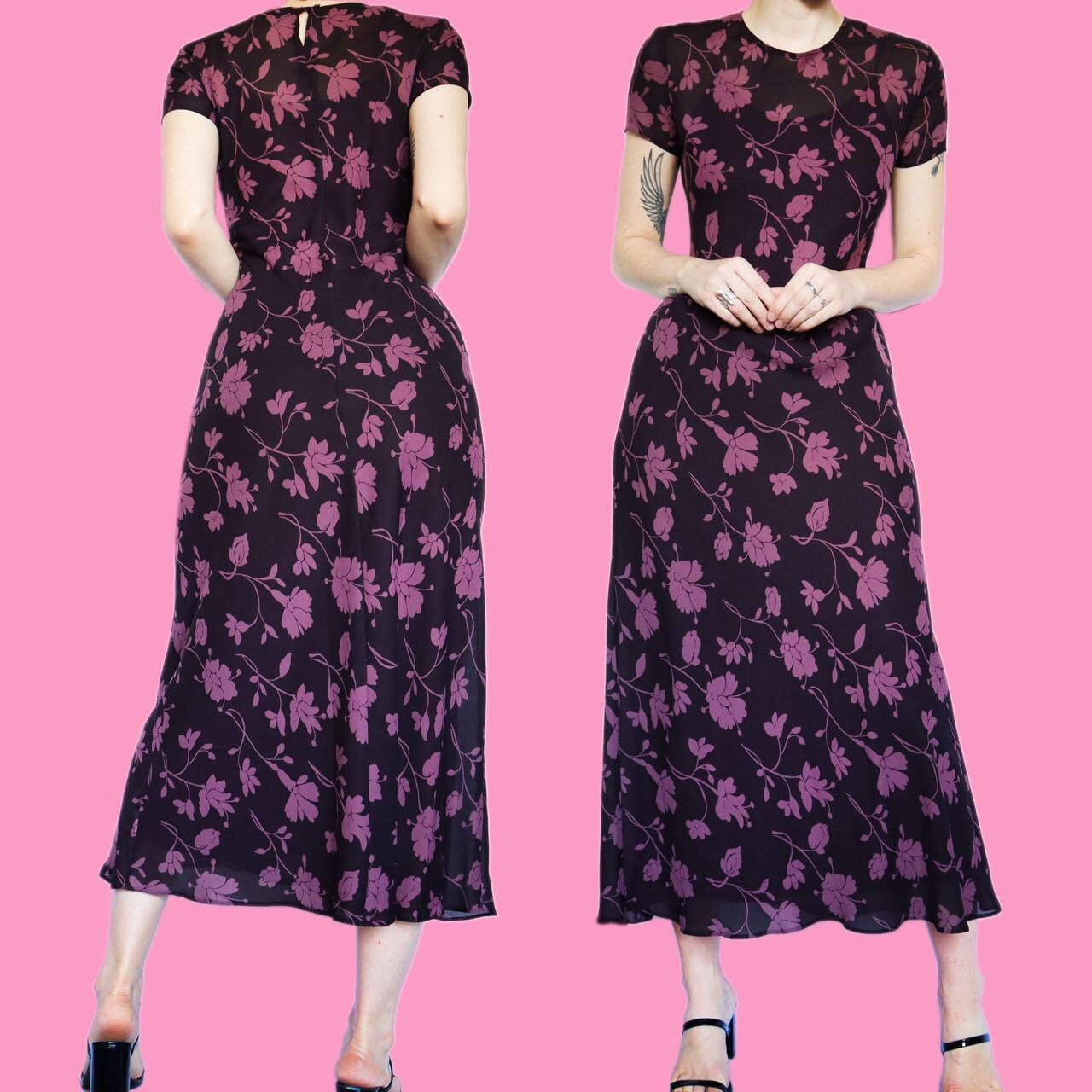 Beautiful vintage 90s purple floral chiffon short sleeve midi dress UK 12