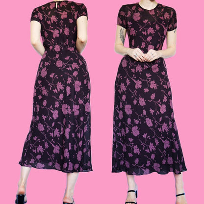 Beautiful vintage 90s purple floral chiffon short sleeve midi dress UK 12
