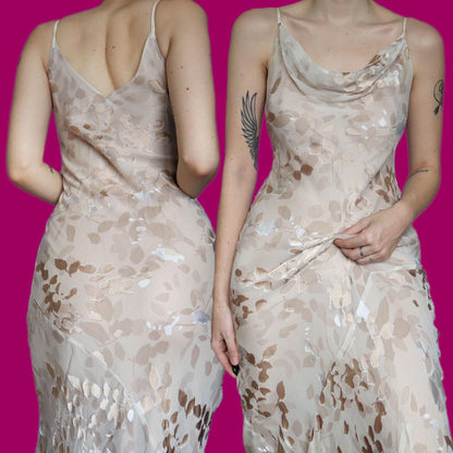 Beautiful cream silk blend leafy print slip evening prom dress UK 12 EU 40