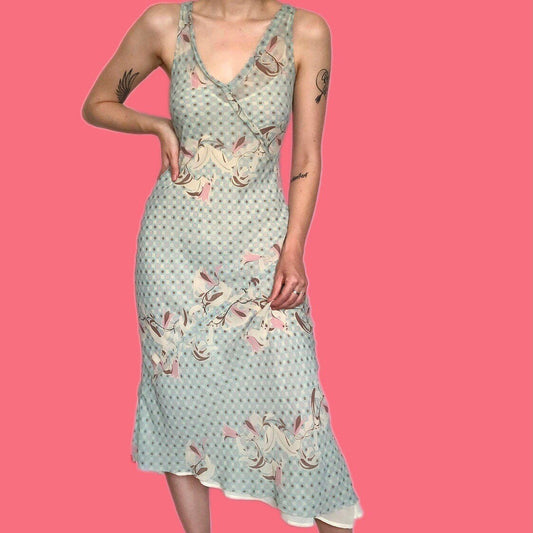 Super cute 100% silk delicate print slip midi dress UK 12