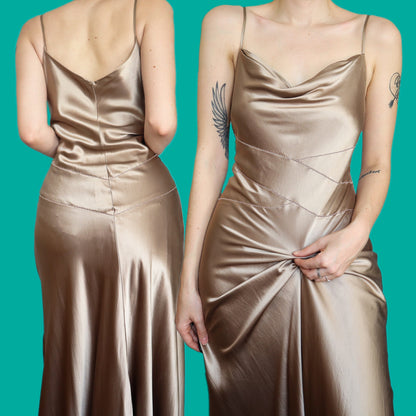 Beautiful 100% silk gold satin slip evening prom dress UK 16