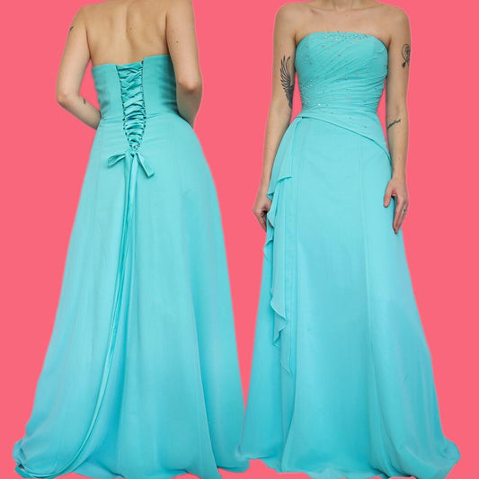 Beautiful vintage blue a-line chiffon evening prom dress UK 10
