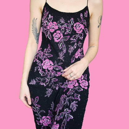 Beautiful vintage John Charles beaded floral evening prom dress UK 10