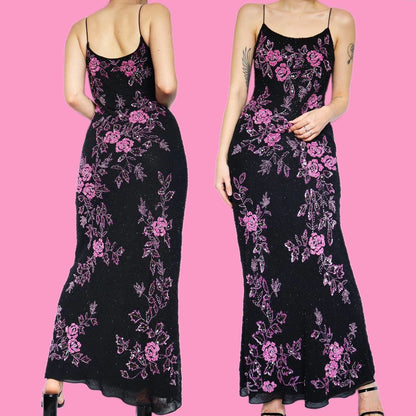 Beautiful vintage John Charles beaded floral evening prom dress UK 10