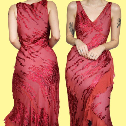 Beautiful silk blend floral print frilly evening party dress UK 10