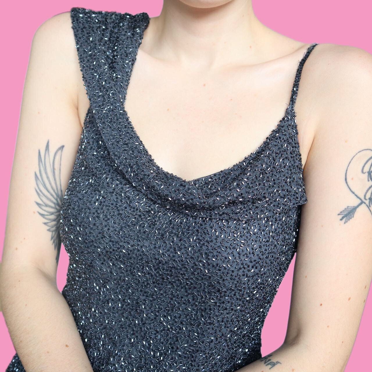 Stunning vintage grey heavily beaded evening prom dress UK 12