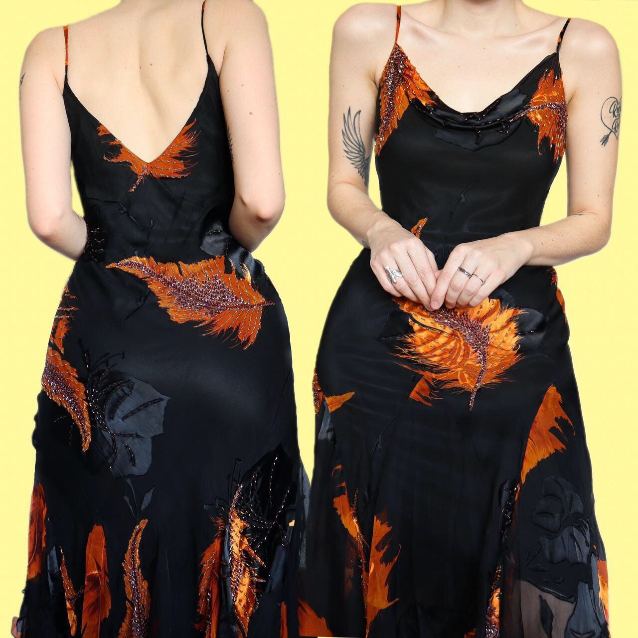 Stunning 100% silk black/orange midi evening dress UK S