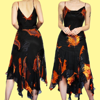 Stunning 100% silk black/orange midi evening dress UK S