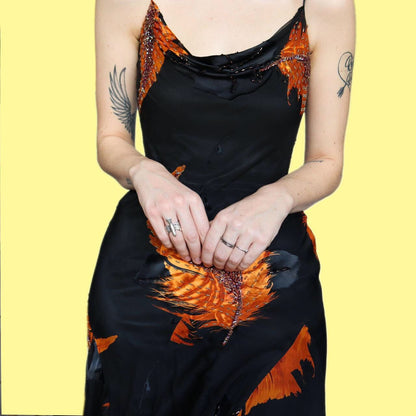 Stunning 100% silk black/orange midi evening dress UK S