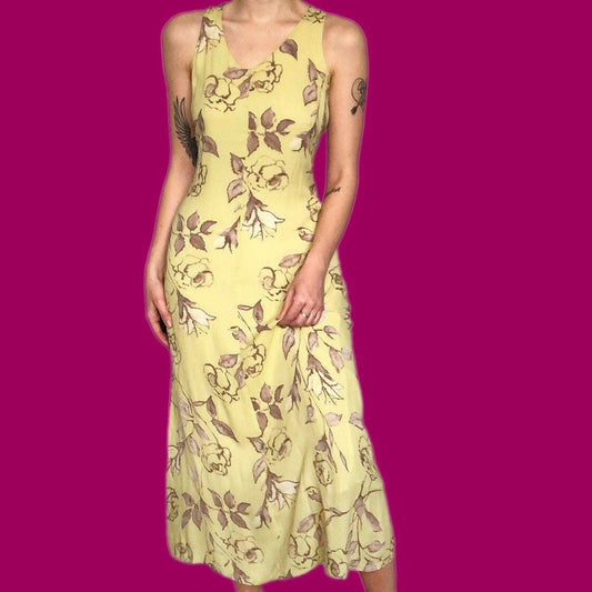 Beautiful vintage yellow floral midi dress UK S