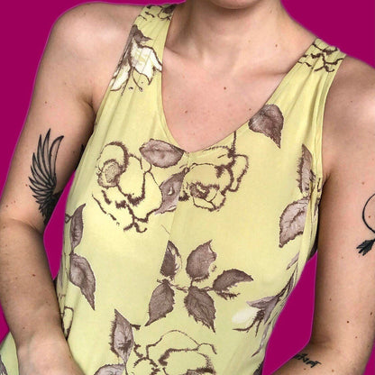 Beautiful vintage yellow floral midi dress UK S