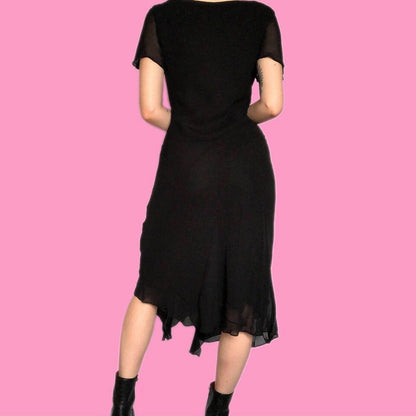 Chic vintage black chiffon midi dress UK 12