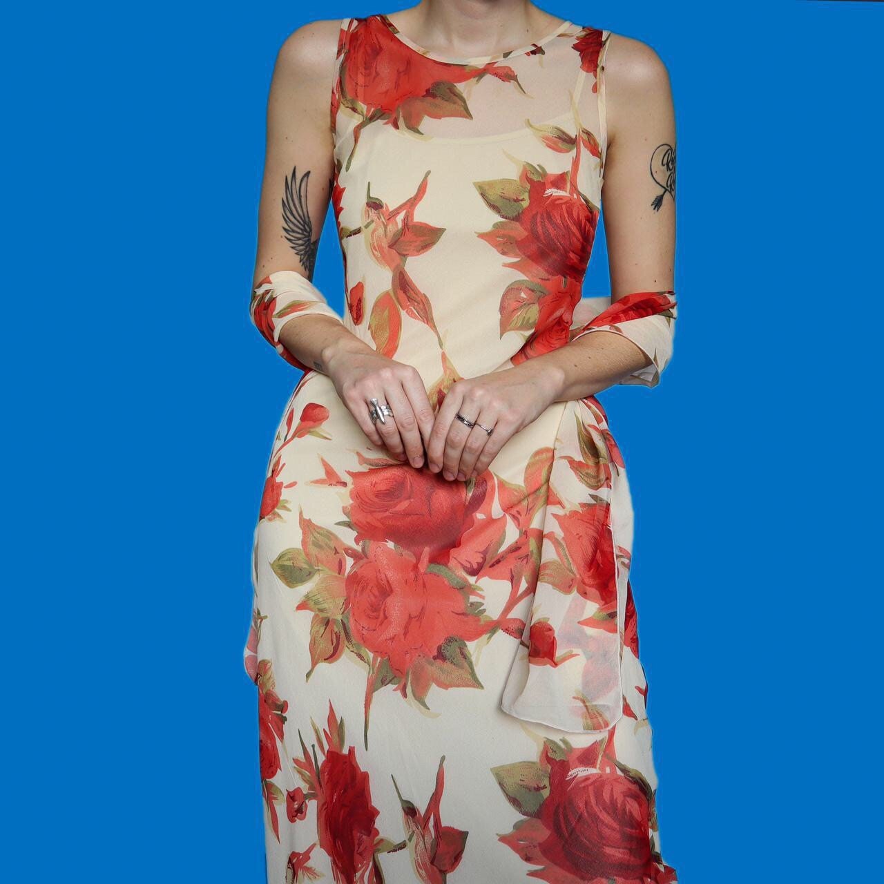 Beautiful cream/red floral sheer evening dress with matching shawl UK 16