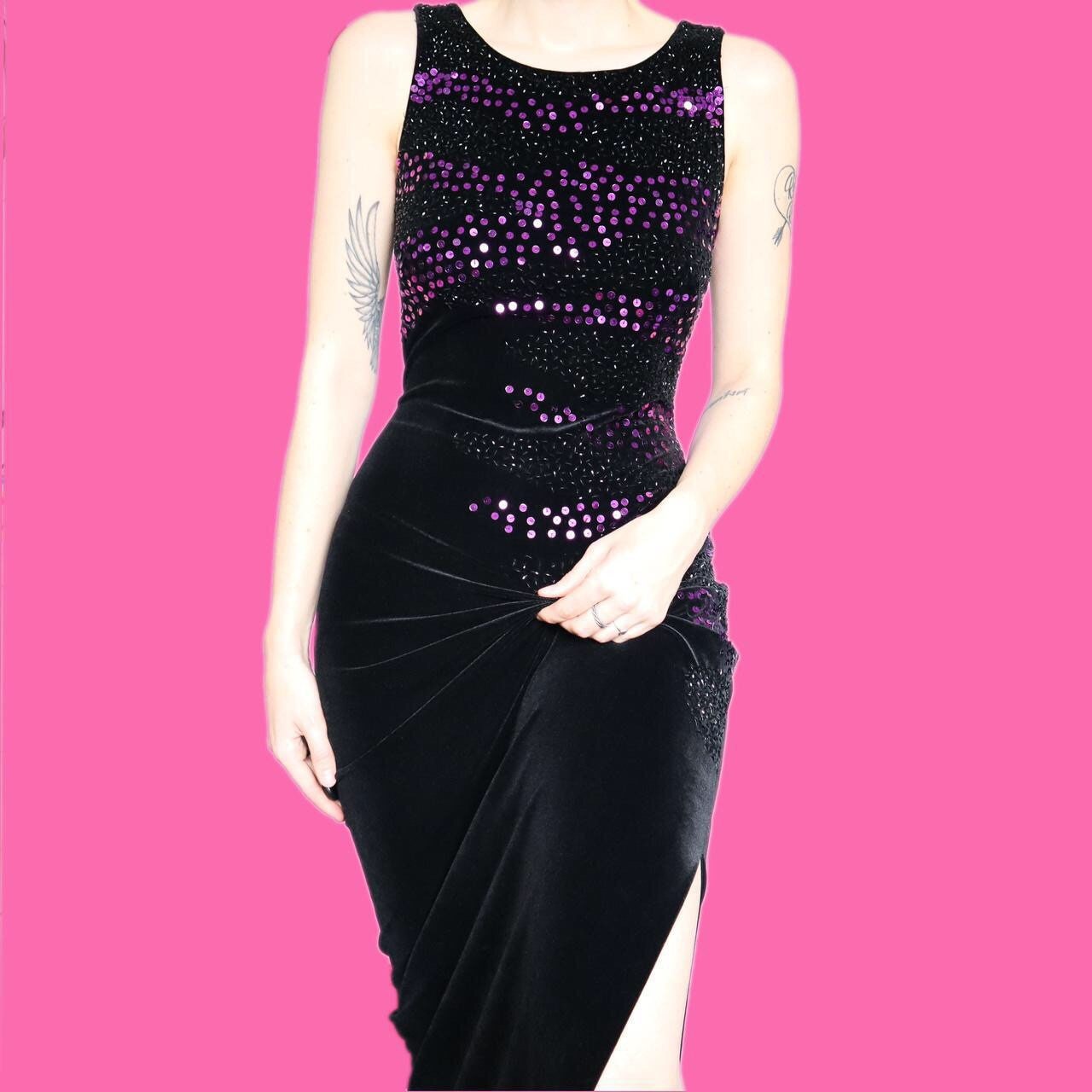 Beautiful vintage Frank Usher black velvet bead/sequin evening dress UK 12