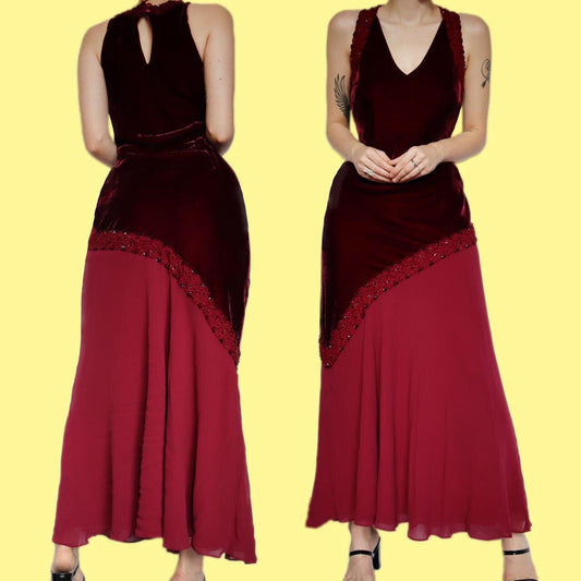 Stunning vintage Laura Ashley red velvet/chiffon evening dress UK 14