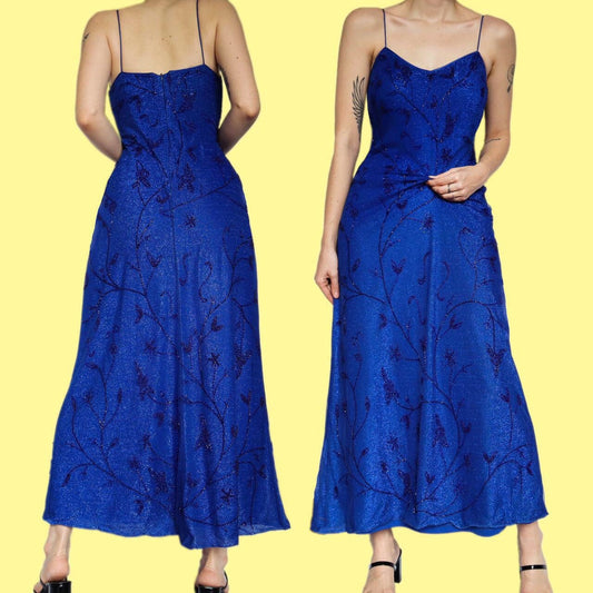 Stunning vintage John Charles electric blue glittery beaded evening dress UK 12