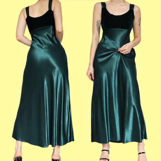 Stunning vintage 90s green satin evening slip dress UK 12