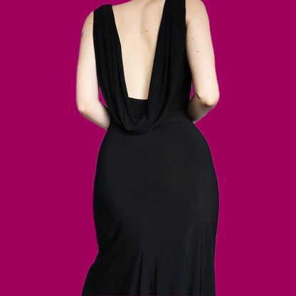 Super chic vintage black stretch low back evening dress UK 18
