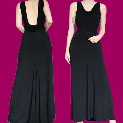 Super chic vintage black stretch low back evening dress UK 18