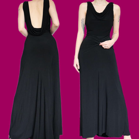 Super chic vintage black stretch low back evening dress UK 18