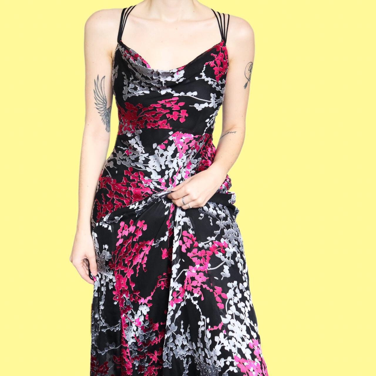 Beautiful vintage black leafy print a-line slip dress UK 10