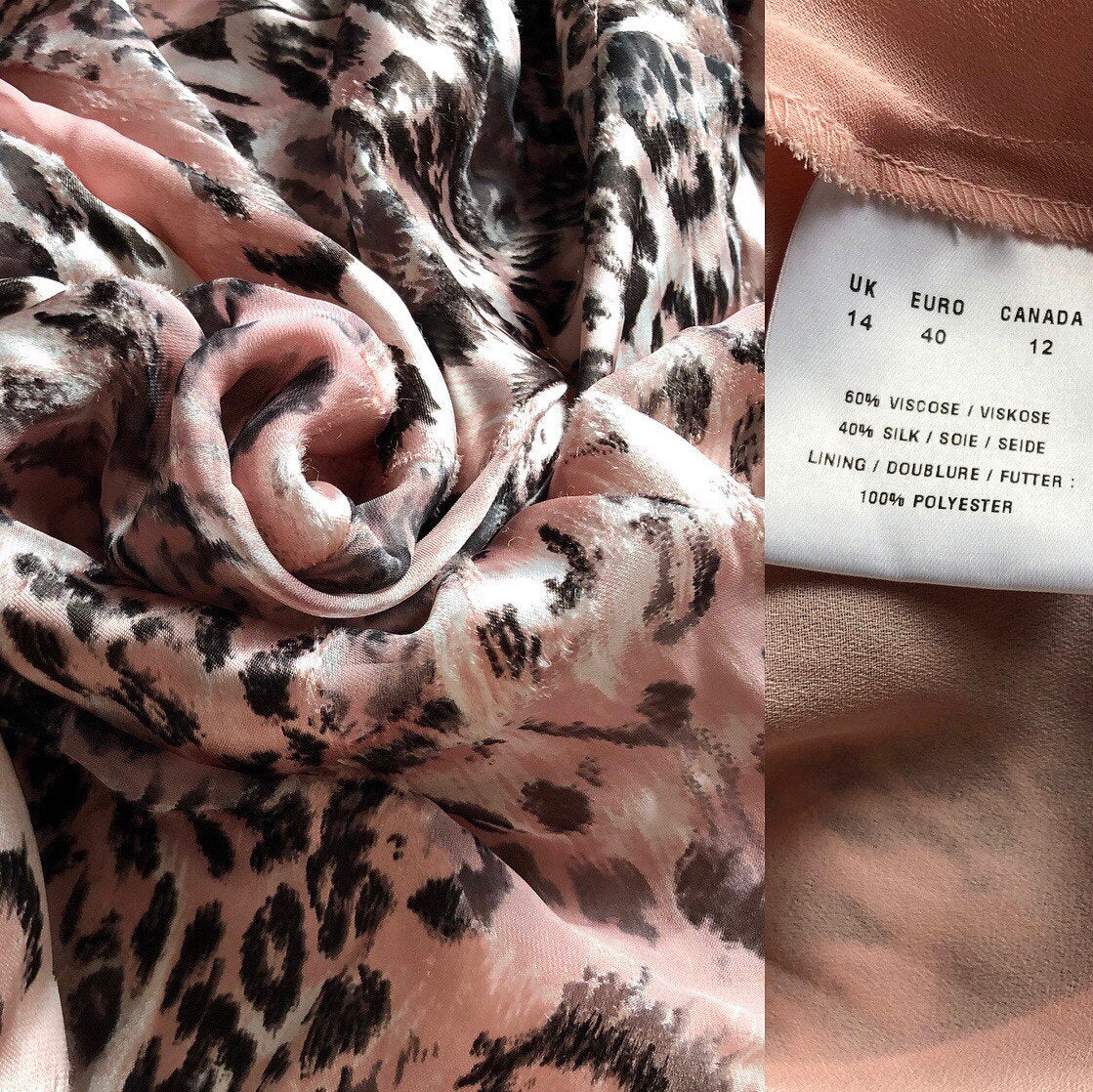Stunning vintage silk blend pink leopard print midi slip dress UK 14