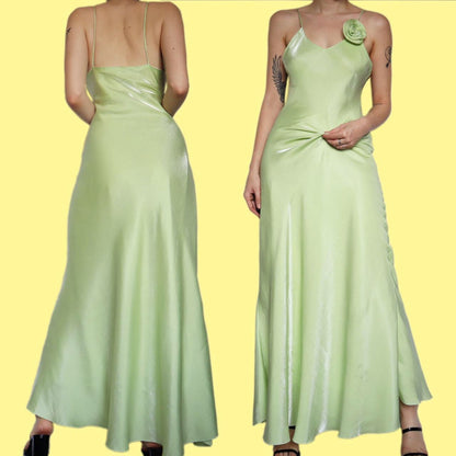 Beautiful vintage green silky evening dress with matching shawl UK 12
