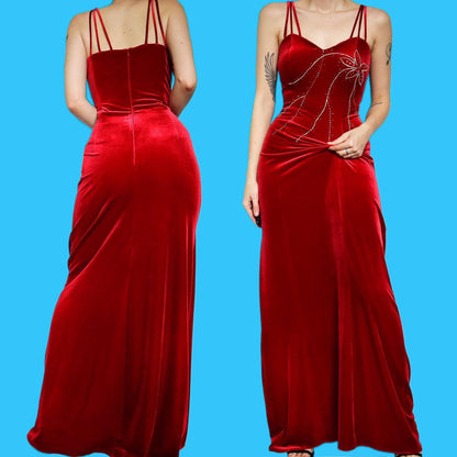 Beautiful vintage red velvet beaded evening prom dress UK 12
