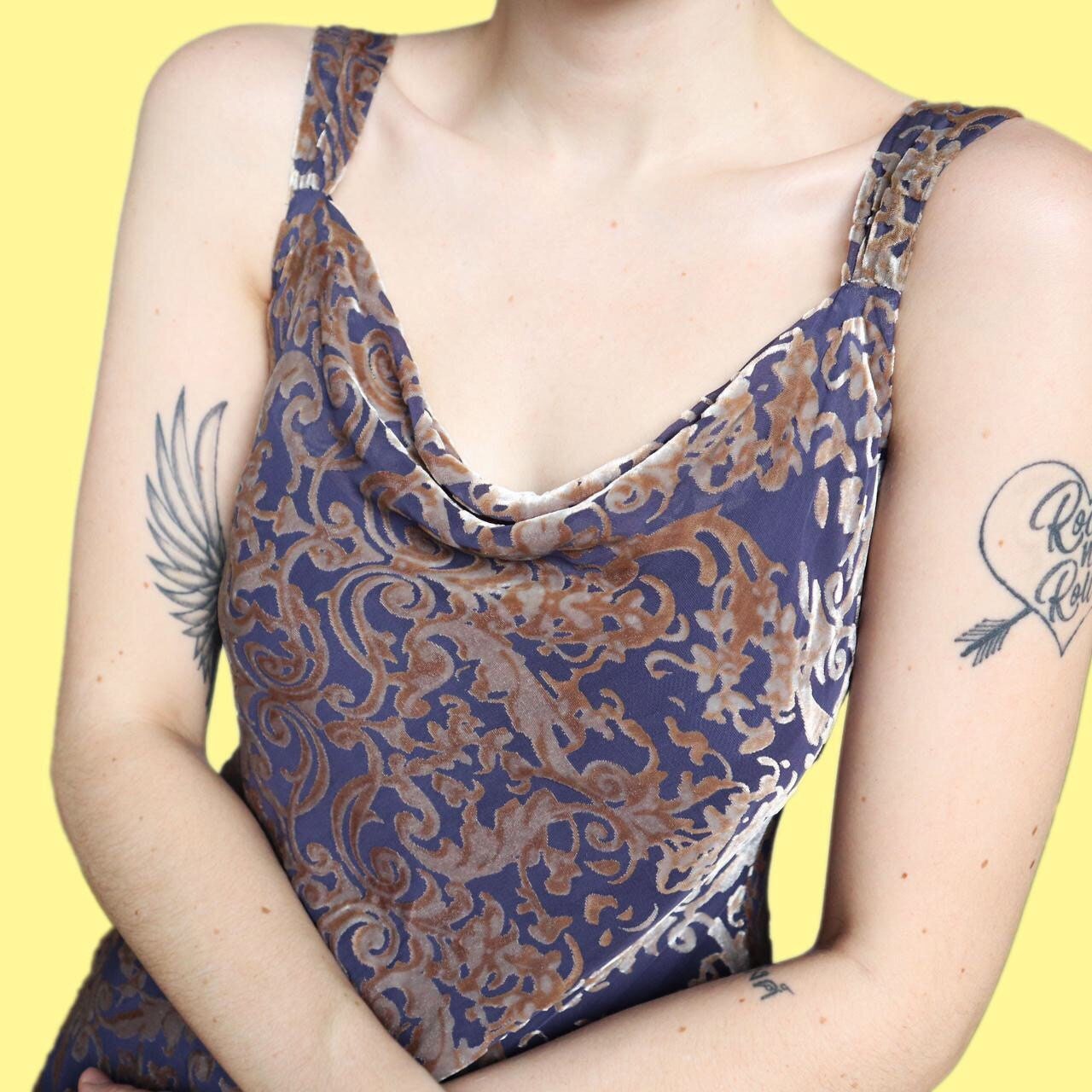 Beautiful silk blend blue/gold velvet evening slip dress UK 10