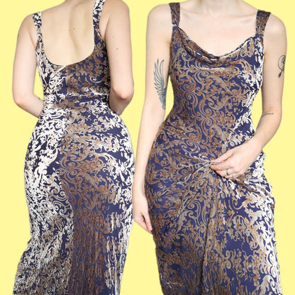Beautiful silk blend blue/gold velvet evening slip dress UK 10