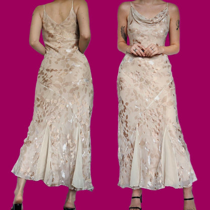 Beautiful cream silk blend leafy print slip evening prom dress UK 12 EU 40