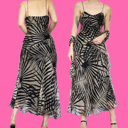 Beautiful leafy print 100% silk dress & shawl UK 10