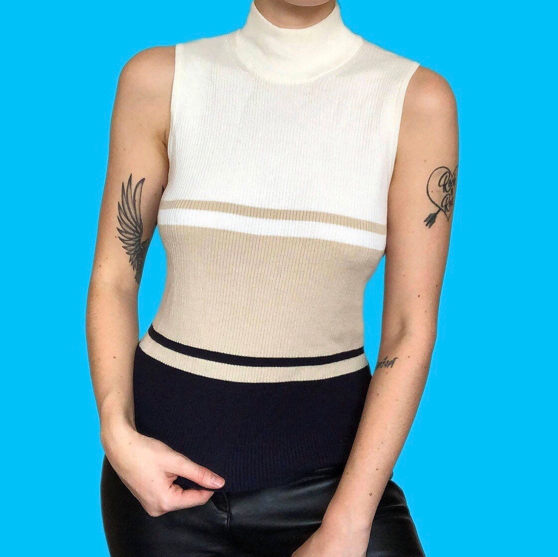 Super cute vintage knit colour block turtle neck sleeveless jumper UK M