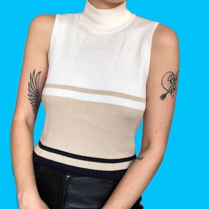 Super cute vintage knit colour block turtle neck sleeveless jumper UK M