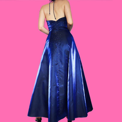 Stunning vintage silky blue beaded a-line ball gown prom dress UK 10