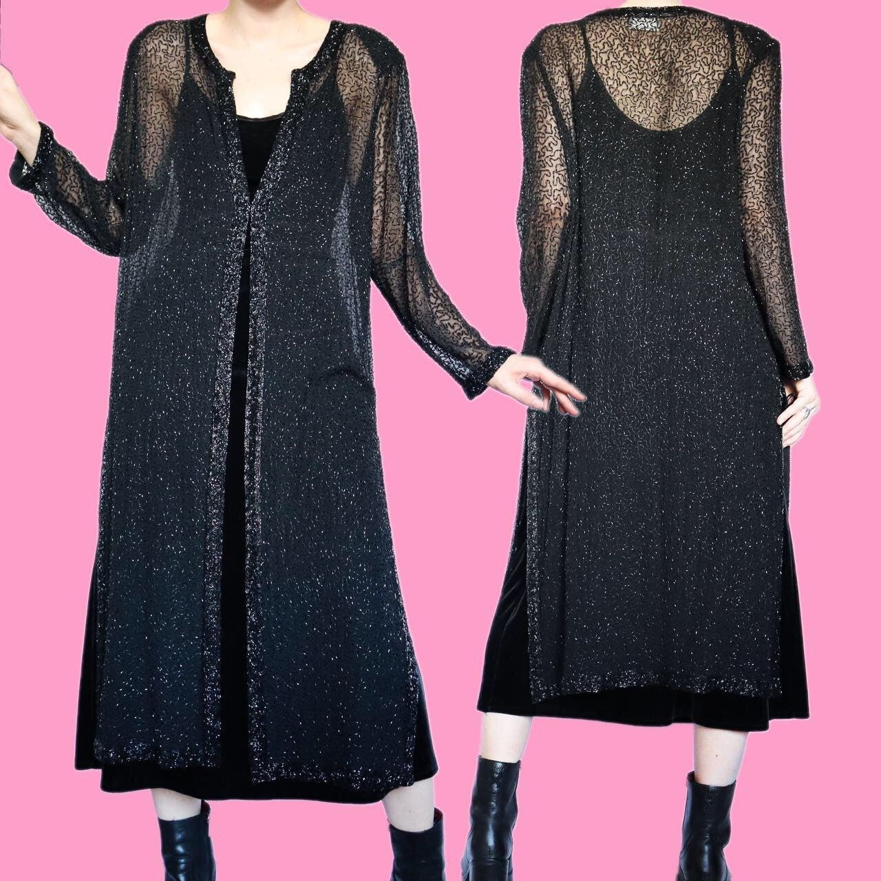 Beautiful vintage Frank Usher 100% silk sheer black maxi jacket UK L