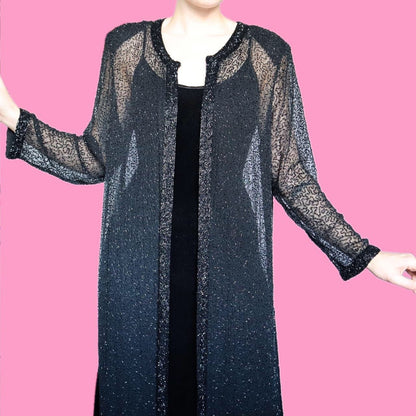 Beautiful vintage Frank Usher 100% silk sheer black maxi jacket UK L