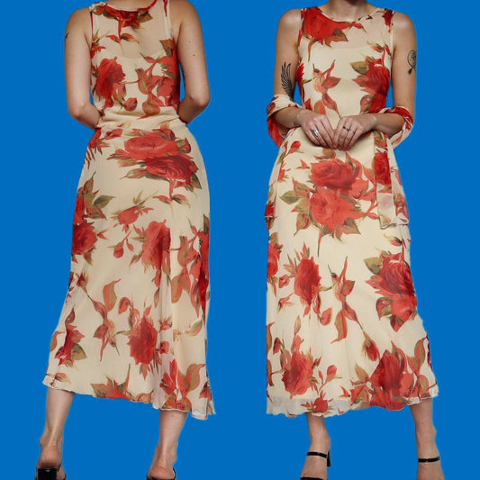 Beautiful cream/red floral sheer evening dress with matching shawl UK 16