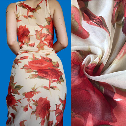 Beautiful cream/red floral sheer evening dress with matching shawl UK 16