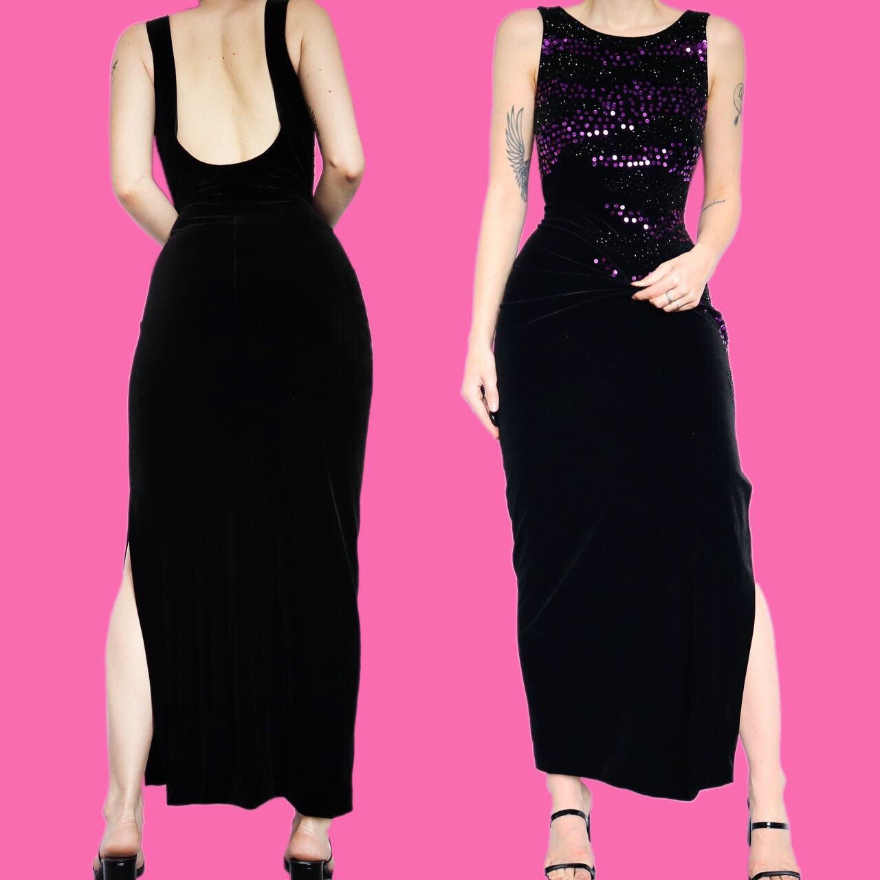 Beautiful vintage Frank Usher black velvet bead/sequin evening dress UK 12